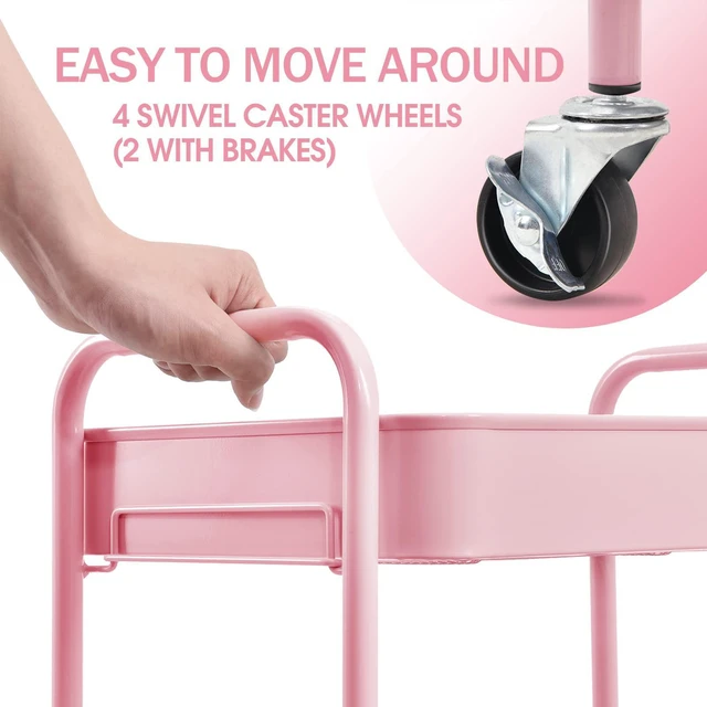 Alt view image 4 of 7 - 3 Tier Metal Rolling Cart, Utility Storage Cart with Wheels, Pink | Screwless Assembly, Lockable Metal Wheels, Trolley Organizer for Bathroom, Kitchen, Office, Dorm, Laundry, Craft Room