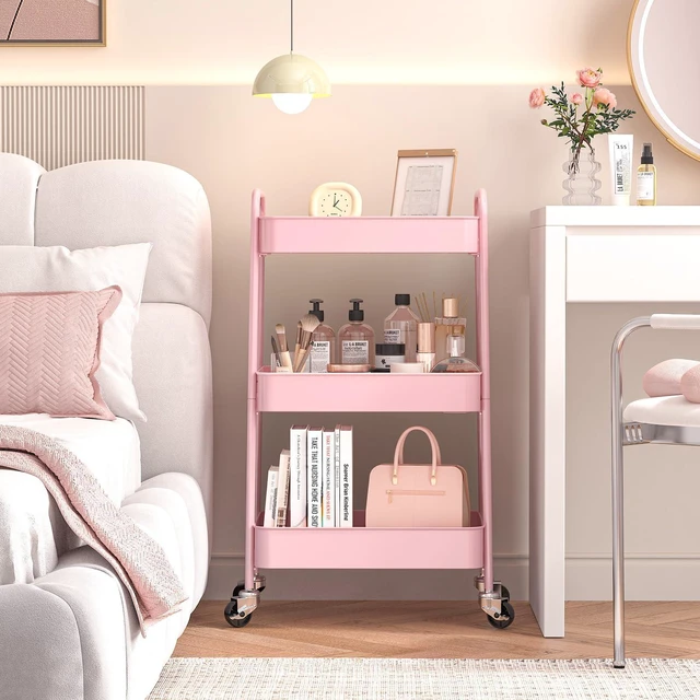 Alt view image 5 of 7 - 3 Tier Metal Rolling Cart, Utility Storage Cart with Wheels, Pink | Screwless Assembly, Lockable Metal Wheels, Trolley Organizer for Bathroom, Kitchen, Office, Dorm, Laundry, Craft Room