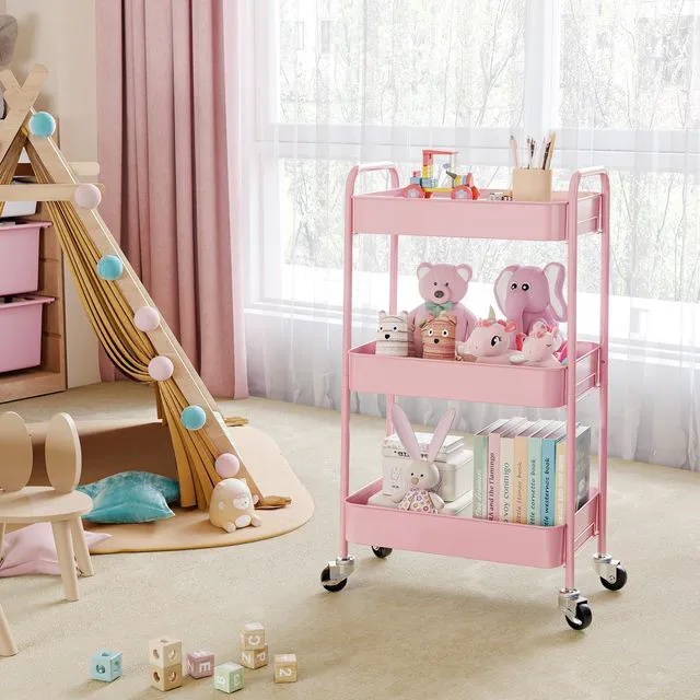 Alt view image 6 of 7 - 3 Tier Metal Rolling Cart, Utility Storage Cart with Wheels, Pink | Screwless Assembly, Lockable Metal Wheels, Trolley Organizer for Bathroom, Kitchen, Office, Dorm, Laundry, Craft Room