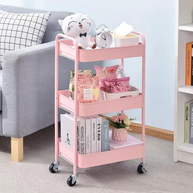 Alt view image 7 of 7 - 3 Tier Metal Rolling Cart, Utility Storage Cart with Wheels, Pink | Screwless Assembly, Lockable Metal Wheels, Trolley Organizer for Bathroom, Kitchen, Office, Dorm, Laundry, Craft Room