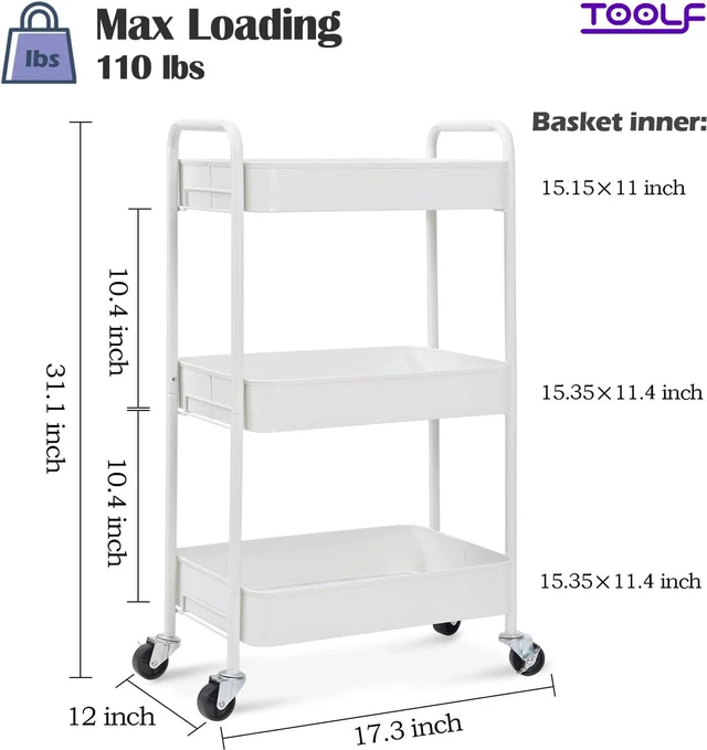 Alt view image 2 of 7 - 3 Tier Metal Rolling Cart, Utility Storage Cart with Wheels, White | Screwless Assembly, Lockable Metal Wheels, Trolley Organizer for Bathroom, Kitchen, Office, Dorm, Laundry, Craft Room