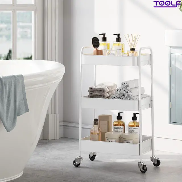 Alt view image 6 of 7 - 3 Tier Metal Rolling Cart, Utility Storage Cart with Wheels, White | Screwless Assembly, Lockable Metal Wheels, Trolley Organizer for Bathroom, Kitchen, Office, Dorm, Laundry, Craft Room