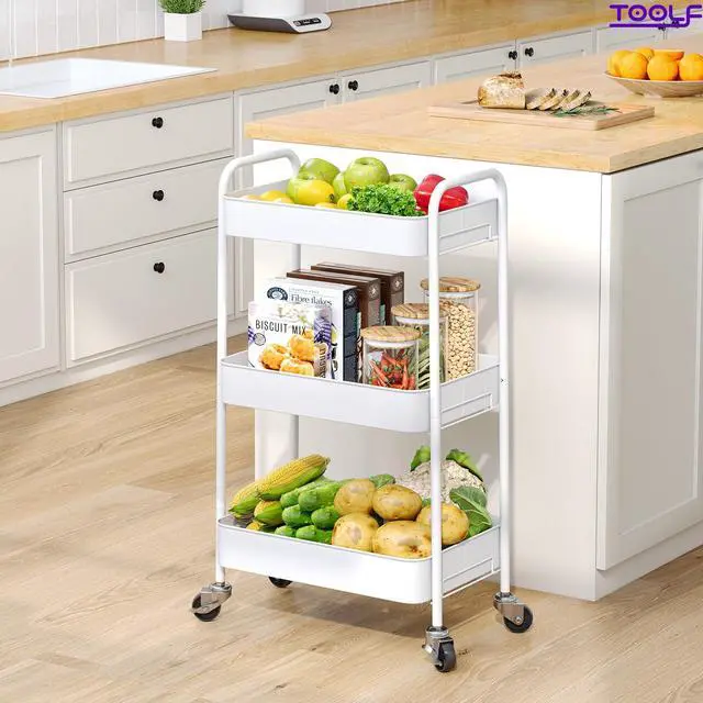 Alt view image 7 of 7 - 3 Tier Metal Rolling Cart, Utility Storage Cart with Wheels, White | Screwless Assembly, Lockable Metal Wheels, Trolley Organizer for Bathroom, Kitchen, Office, Dorm, Laundry, Craft Room