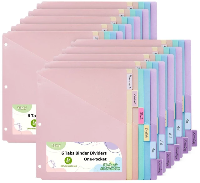 Main image of Bundle 10 Packs 6-Tab Letter Size Dividers for 3 Ring Binder, 60 Counts Wheat Straw Binder Dividers with One Pocket, 6 Pastel Colors, Perfect for School, Office Supplies (10)