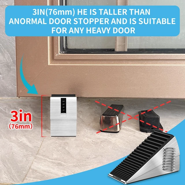 Alt view image 3 of 7 - Door Stoppers for Bottom of Door-Large Heavy Duty Door Stop Wedge 3'' High Adjustable Spring Metal Tall Doorstop, Strongest Rubber Grip, Suits Carpet, Tile, Home, School +2 Wall Protector