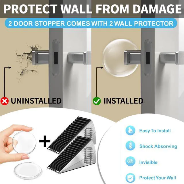 Alt view image 5 of 7 - Door Stoppers for Bottom of Door-Large Heavy Duty Door Stop Wedge 3'' High Adjustable Spring Metal Tall Doorstop, Strongest Rubber Grip, Suits Carpet, Tile, Home, School +2 Wall Protector