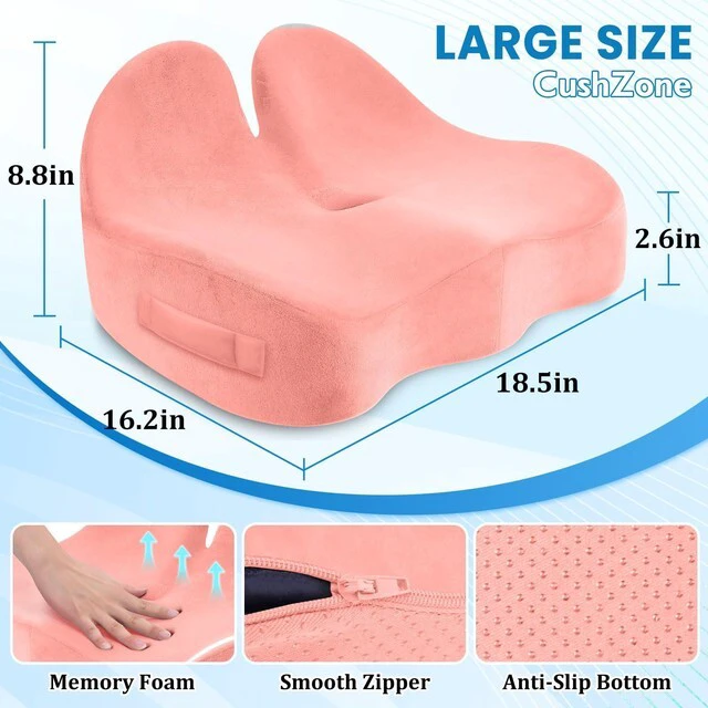 Alt view image 2 of 7 - Ergonomic Seat Cushion, Sciatica Support for Office Chair, Pink Large Size for Sciatica & Hip & Tailbone Pain Relief, Memory Foam Office Chair Cushion for Car, Long Trip, Desk Chair, Lab
