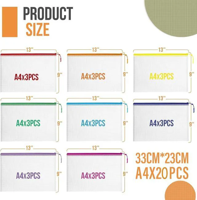 Alt view image 2 of 7 - 20PCS Mesh Zipper Pouch Bags, A4 13x9 Inches Waterproof Mesh Bags with Zipper, Plastic Zipper Pouch for Organizing, Mesh Bag for Travel Storage, 8 Colors Assortment