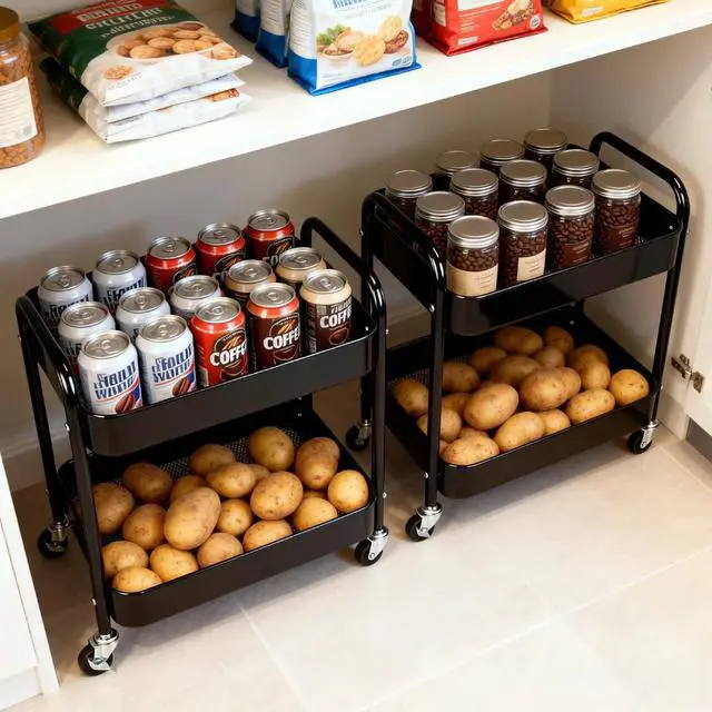Main image of 2 Pack Pantry Cart 2 Tier Small Rolling Cart with Wheels for Under Desk Storage, Short Rolling Utility Cart Large Basket Metal Kitchen Shelf with Mesh Laundry Room Organizer Side Table, Black