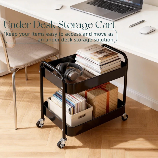Alt view image 2 of 7 - 2 Pack Pantry Cart 2 Tier Small Rolling Cart with Wheels for Under Desk Storage, Short Rolling Utility Cart Large Basket Metal Kitchen Shelf with Mesh Laundry Room Organizer Side Table, Black