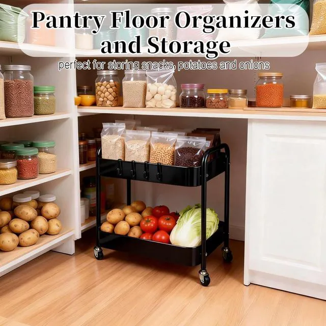 Alt view image 3 of 7 - 2 Pack Pantry Cart 2 Tier Small Rolling Cart with Wheels for Under Desk Storage, Short Rolling Utility Cart Large Basket Metal Kitchen Shelf with Mesh Laundry Room Organizer Side Table, Black
