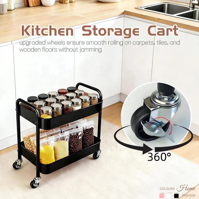 Alt view image 4 of 7 - 2 Pack Pantry Cart 2 Tier Small Rolling Cart with Wheels for Under Desk Storage, Short Rolling Utility Cart Large Basket Metal Kitchen Shelf with Mesh Laundry Room Organizer Side Table, Black