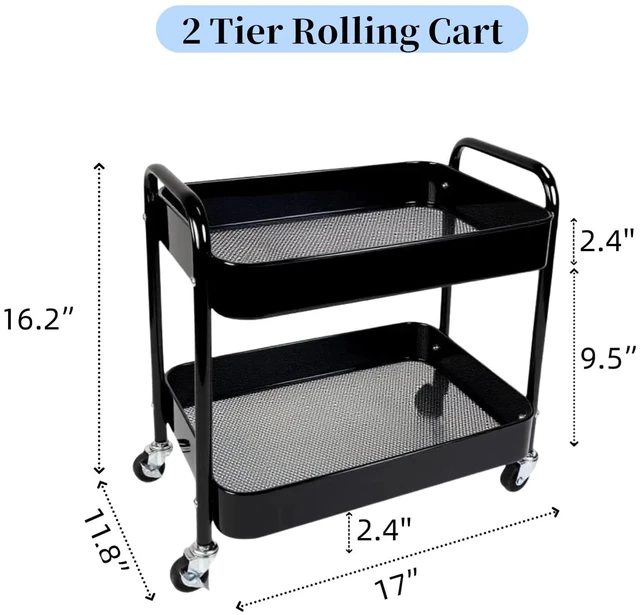 Alt view image 5 of 7 - 2 Pack Pantry Cart 2 Tier Small Rolling Cart with Wheels for Under Desk Storage, Short Rolling Utility Cart Large Basket Metal Kitchen Shelf with Mesh Laundry Room Organizer Side Table, Black