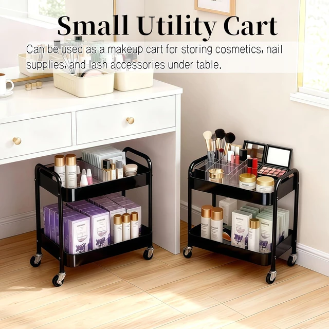Alt view image 6 of 7 - 2 Pack Pantry Cart 2 Tier Small Rolling Cart with Wheels for Under Desk Storage, Short Rolling Utility Cart Large Basket Metal Kitchen Shelf with Mesh Laundry Room Organizer Side Table, Black