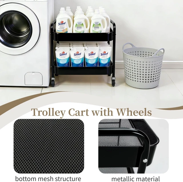 Alt view image 7 of 7 - 2 Pack Pantry Cart 2 Tier Small Rolling Cart with Wheels for Under Desk Storage, Short Rolling Utility Cart Large Basket Metal Kitchen Shelf with Mesh Laundry Room Organizer Side Table, Black