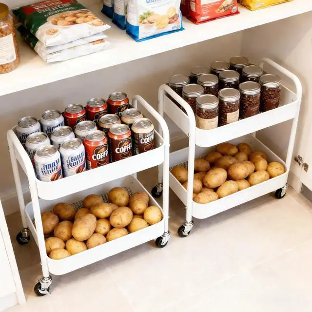 Main image of 2 Pack Two Tier Rolling Cart with Wheels Small Pantry Floor Organizer Under Desk Storage Metal Short Utility Cart for Small Space, Kitchen Shelf Laundry Room Bathroom Organization, White