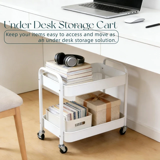 Alt view image 2 of 7 - 2 Pack Two Tier Rolling Cart with Wheels Small Pantry Floor Organizer Under Desk Storage Metal Short Utility Cart for Small Space, Kitchen Shelf Laundry Room Bathroom Organization, White