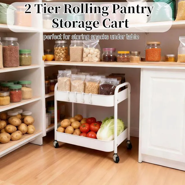 Alt view image 3 of 7 - 2 Pack Two Tier Rolling Cart with Wheels Small Pantry Floor Organizer Under Desk Storage Metal Short Utility Cart for Small Space, Kitchen Shelf Laundry Room Bathroom Organization, White