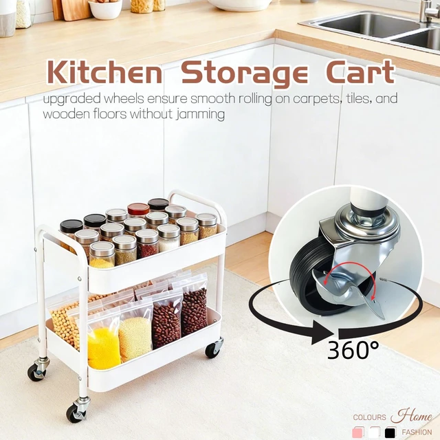 Alt view image 4 of 7 - 2 Pack Two Tier Rolling Cart with Wheels Small Pantry Floor Organizer Under Desk Storage Metal Short Utility Cart for Small Space, Kitchen Shelf Laundry Room Bathroom Organization, White