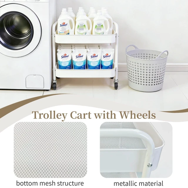 Alt view image 5 of 7 - 2 Pack Two Tier Rolling Cart with Wheels Small Pantry Floor Organizer Under Desk Storage Metal Short Utility Cart for Small Space, Kitchen Shelf Laundry Room Bathroom Organization, White