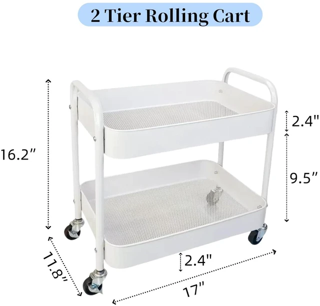 Alt view image 6 of 7 - 2 Pack Two Tier Rolling Cart with Wheels Small Pantry Floor Organizer Under Desk Storage Metal Short Utility Cart for Small Space, Kitchen Shelf Laundry Room Bathroom Organization, White