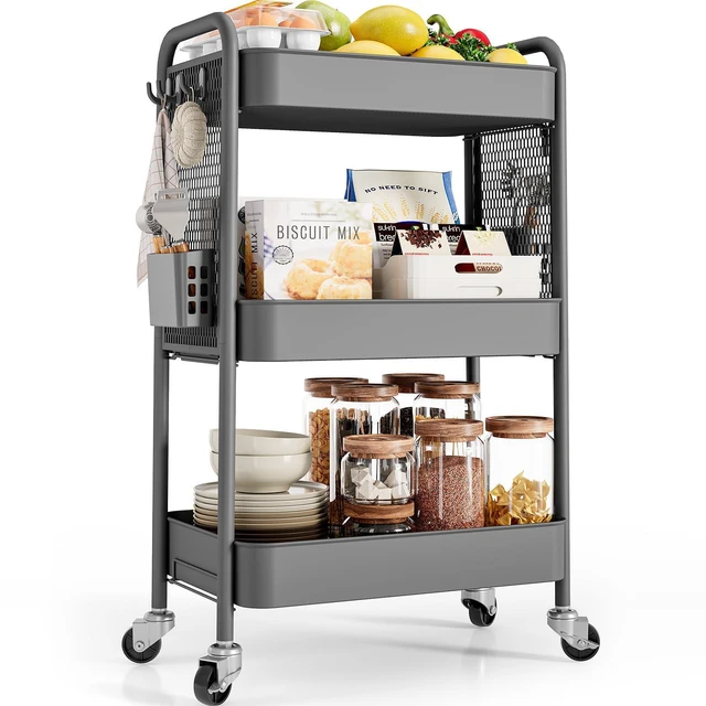 Main image of 3 Tier Rolling Cart, Metal Utility Storage Cart with Pegboard, Grey | 2 Bins & 4 Hooks, Screwless Assembly, Lockable Wheels, Trolley Organizer for Bathroom, Kitchen, Office, Dorm, Craft Room