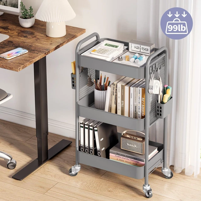 Alt view image 2 of 7 - 3 Tier Rolling Cart, Metal Utility Storage Cart with Pegboard, Grey | 2 Bins & 4 Hooks, Screwless Assembly, Lockable Wheels, Trolley Organizer for Bathroom, Kitchen, Office, Dorm, Craft Room