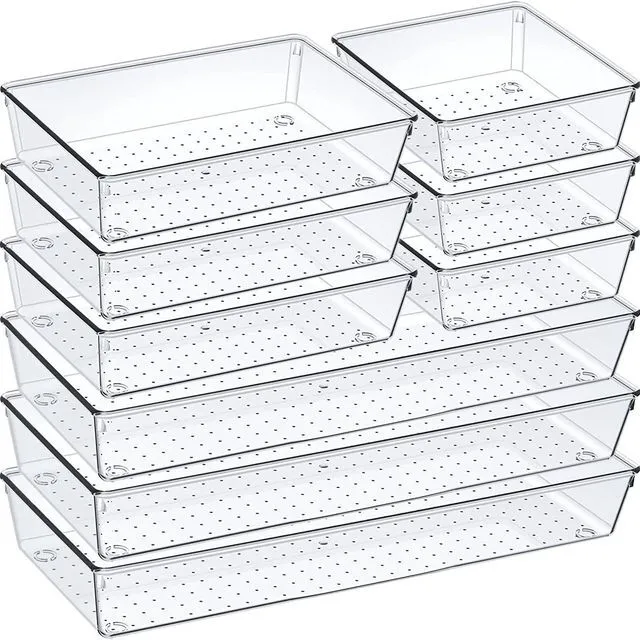 Main image of 9 Pack Clear Plastic Drawer Organizer Set, Acrylic Non Slip Non Cracking Kitchen Drawer Storage Tray Large Size Divider, Multifunctional Storage for Cosmetics, Bathroom, Tools, Kitchen and Office