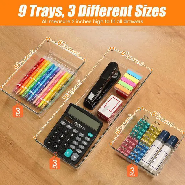 Alt view image 2 of 7 - 9 Pack Clear Plastic Drawer Organizer Set, Acrylic Non Slip Non Cracking Kitchen Drawer Storage Tray Large Size Divider, Multifunctional Storage for Cosmetics, Bathroom, Tools, Kitchen and Office