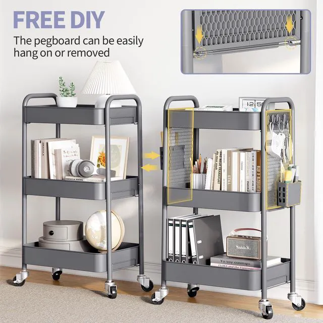 Alt view image 3 of 7 - 3 Tier Rolling Cart, Metal Utility Storage Cart with Pegboard, Grey | 2 Bins & 4 Hooks, Screwless Assembly, Lockable Wheels, Trolley Organizer for Bathroom, Kitchen, Office, Dorm, Craft Room