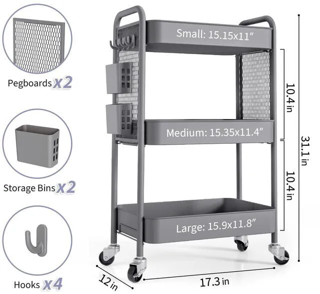 Alt view image 6 of 7 - 3 Tier Rolling Cart, Metal Utility Storage Cart with Pegboard, Grey | 2 Bins & 4 Hooks, Screwless Assembly, Lockable Wheels, Trolley Organizer for Bathroom, Kitchen, Office, Dorm, Craft Room