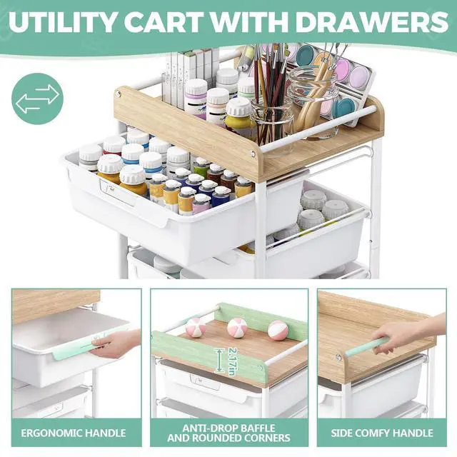 Alt view image 3 of 7 - Rolling Cart with 5 Drawers,Art Craft Cart,White Storage Utility Cart with Wheels,Makeup Organizer With Wooden Tabletop