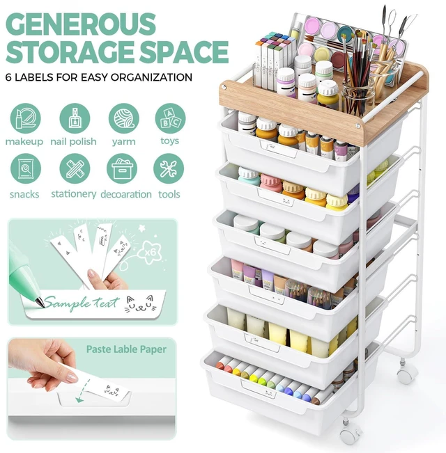Alt view image 3 of 7 - Rolling Cart with 6 Drawers,Art Craft Organizer and Storage,White Utility Storage Cart with Drawers,Makeup Organizer With Wooden Tabletop