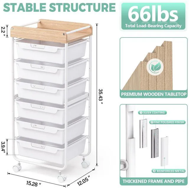 Alt view image 5 of 7 - Rolling Cart with 6 Drawers,Art Craft Organizer and Storage,White Utility Storage Cart with Drawers,Makeup Organizer With Wooden Tabletop