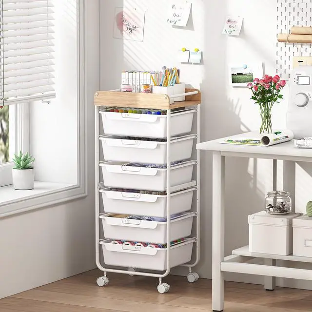 Alt view image 6 of 7 - Rolling Cart with 6 Drawers,Art Craft Organizer and Storage,White Utility Storage Cart with Drawers,Makeup Organizer With Wooden Tabletop