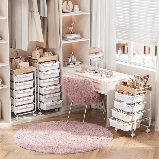 Alt view image 6 of 7 - Rolling Cart with 5 Drawers,Art Craft Cart,White Storage Utility Cart with Wheels,Makeup Organizer With Wooden Tabletop