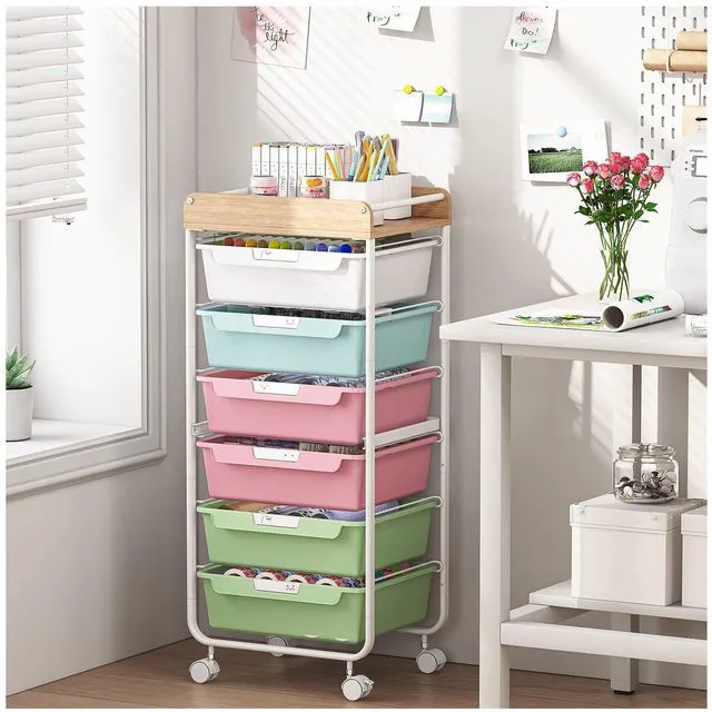 Main image of Rolling Cart with 6 Drawers,Craft Organizer and Storage,Colorful Utility Storage Cart with Drawers,Art Cart,Makeup Organizer With Wooden Tabletop