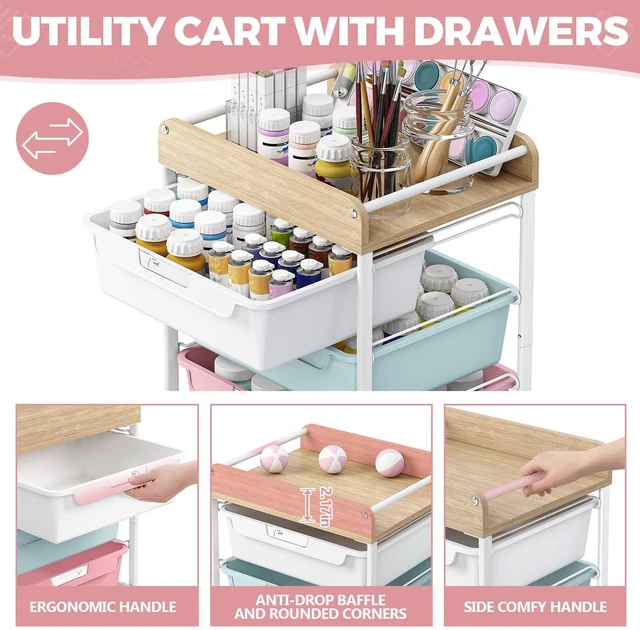 Alt view image 3 of 7 - Rolling Storage Utility Cart with 5 Drawers,Colorful Craft Cart with Wheels,Makeup Organizer,Art Supply And Storage Wooden Tabletop