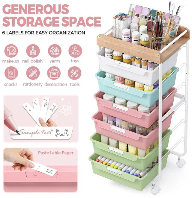 Alt view image 4 of 7 - Rolling Cart with 6 Drawers,Craft Organizer and Storage,Colorful Utility Storage Cart with Drawers,Art Cart,Makeup Organizer With Wooden Tabletop