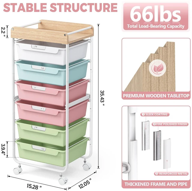 Alt view image 5 of 7 - Rolling Cart with 6 Drawers,Craft Organizer and Storage,Colorful Utility Storage Cart with Drawers,Art Cart,Makeup Organizer With Wooden Tabletop