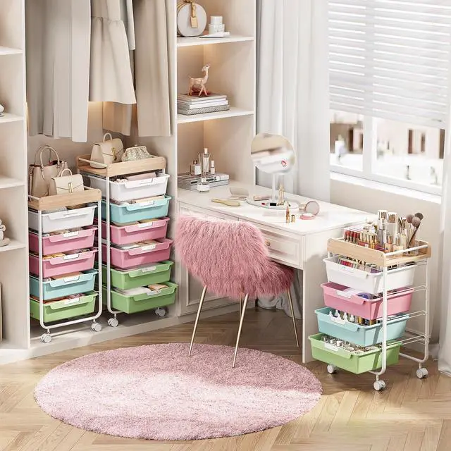 Alt view image 6 of 7 - Rolling Cart with 6 Drawers,Craft Organizer and Storage,Colorful Utility Storage Cart with Drawers,Art Cart,Makeup Organizer With Wooden Tabletop