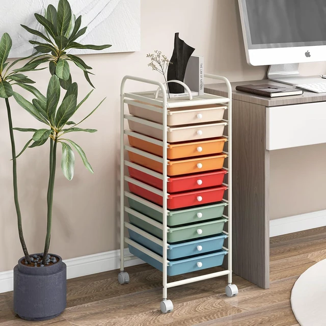Alt view image 2 of 7 - Storage Cart, Rolling Utility Cart with 10 Drawers, Portable Handles & Lockable Wheels, Mobile Paper Toys Storage Organizer Large Capacity for Home Office School Teacher (Macaron)
