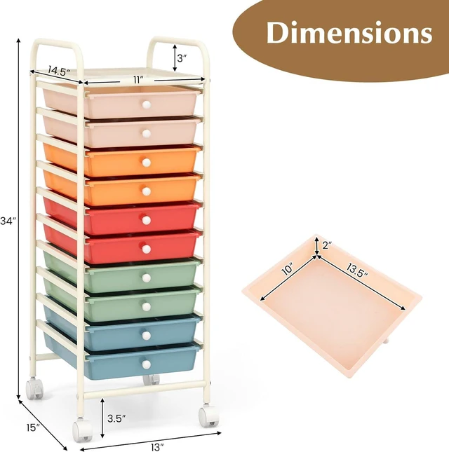 Alt view image 3 of 7 - Storage Cart, Rolling Utility Cart with 10 Drawers, Portable Handles & Lockable Wheels, Mobile Paper Toys Storage Organizer Large Capacity for Home Office School Teacher (Macaron)