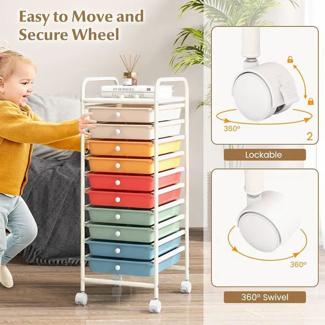 Alt view image 4 of 7 - Storage Cart, Rolling Utility Cart with 10 Drawers, Portable Handles & Lockable Wheels, Mobile Paper Toys Storage Organizer Large Capacity for Home Office School Teacher (Macaron)
