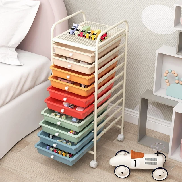 Alt view image 5 of 7 - Storage Cart, Rolling Utility Cart with 10 Drawers, Portable Handles & Lockable Wheels, Mobile Paper Toys Storage Organizer Large Capacity for Home Office School Teacher (Macaron)