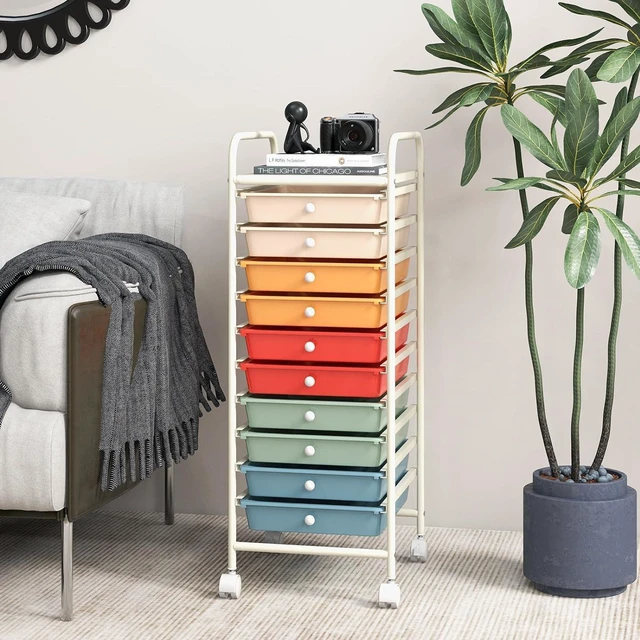 Alt view image 6 of 7 - Storage Cart, Rolling Utility Cart with 10 Drawers, Portable Handles & Lockable Wheels, Mobile Paper Toys Storage Organizer Large Capacity for Home Office School Teacher (Macaron)