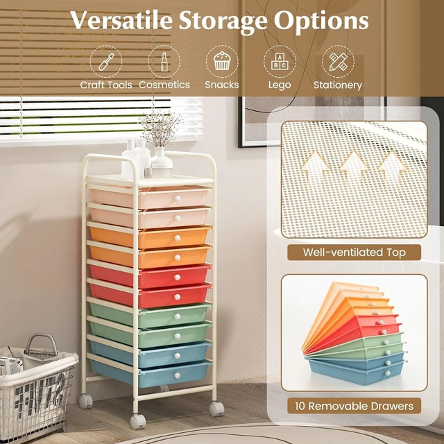 Alt view image 7 of 7 - Storage Cart, Rolling Utility Cart with 10 Drawers, Portable Handles & Lockable Wheels, Mobile Paper Toys Storage Organizer Large Capacity for Home Office School Teacher (Macaron)