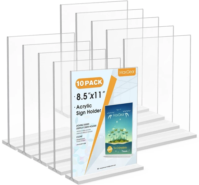Main image of Acrylic Sign Holder 8.5" x 11" Double Sided Menu Holder, 10 Pack Clear Acrylic, Double-Sided Display, Stable Tabletop Stand, Quick Paper Replacement, Fits Menus, Signs, Notices, Photos