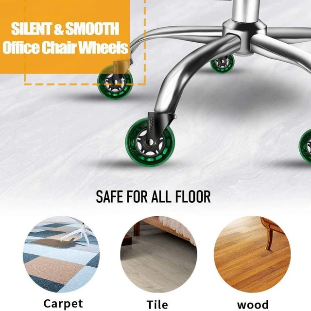 Alt view image 2 of 6 - Office Rubber Chair Wheels Replacement, 3 Inch Heavy-Duty Computer Desk Casters Wheel, Quiet & Smooth Rolling for All Floors, Set of 5, Green