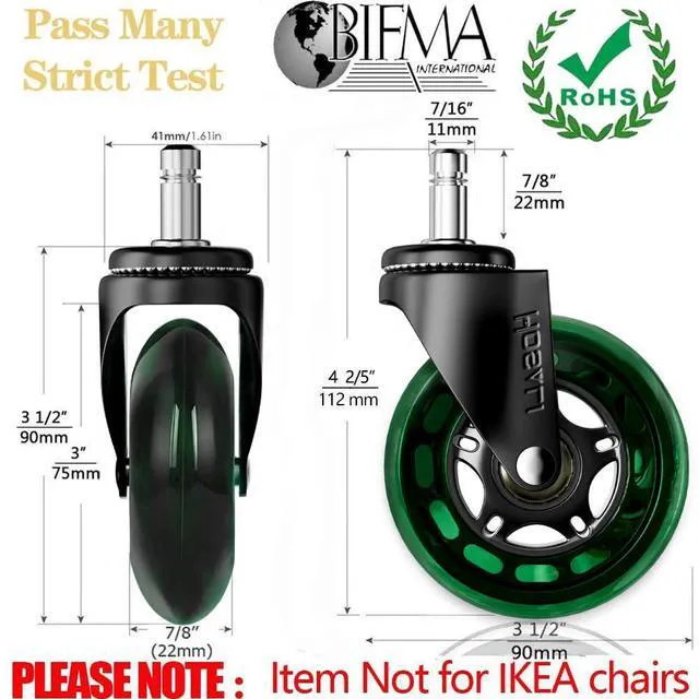 Alt view image 3 of 6 - Office Rubber Chair Wheels Replacement, 3 Inch Heavy-Duty Computer Desk Casters Wheel, Quiet & Smooth Rolling for All Floors, Set of 5, Green